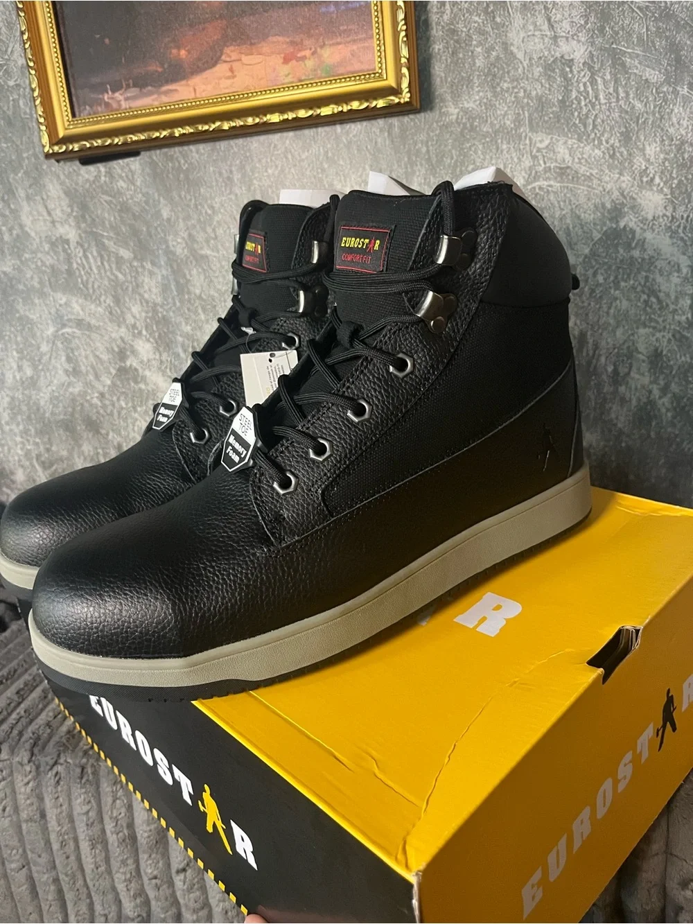 Steel toe Men’s Black Work Boots new in box 12 black gray